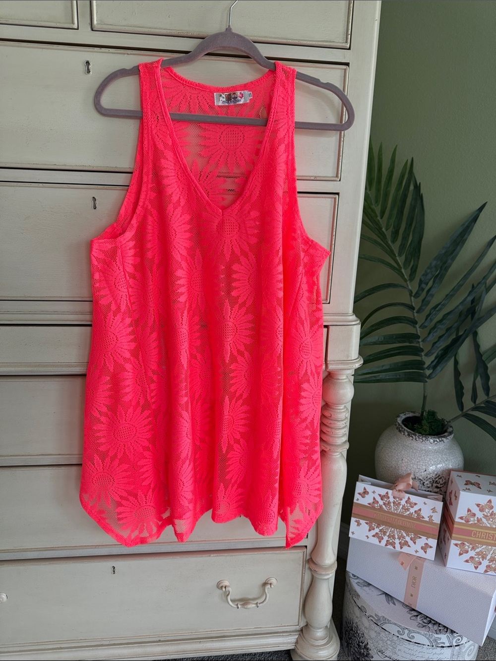 India Boutique Neon Pink Floral Lace Swim Coverup